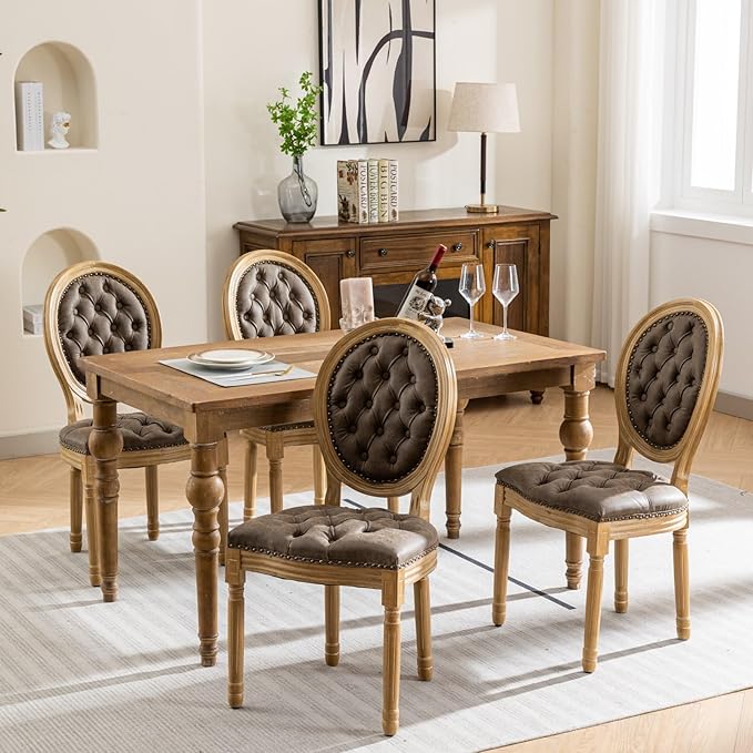 Vintage French Dining Chairs Set of 8, Round Back PU Leather Upholstered Accent Chairs with Nailhead Trim and Solid Wood Frame, Farmhouse Sillas de Comedor for Dining Room & Kitchen, Distressed Brown