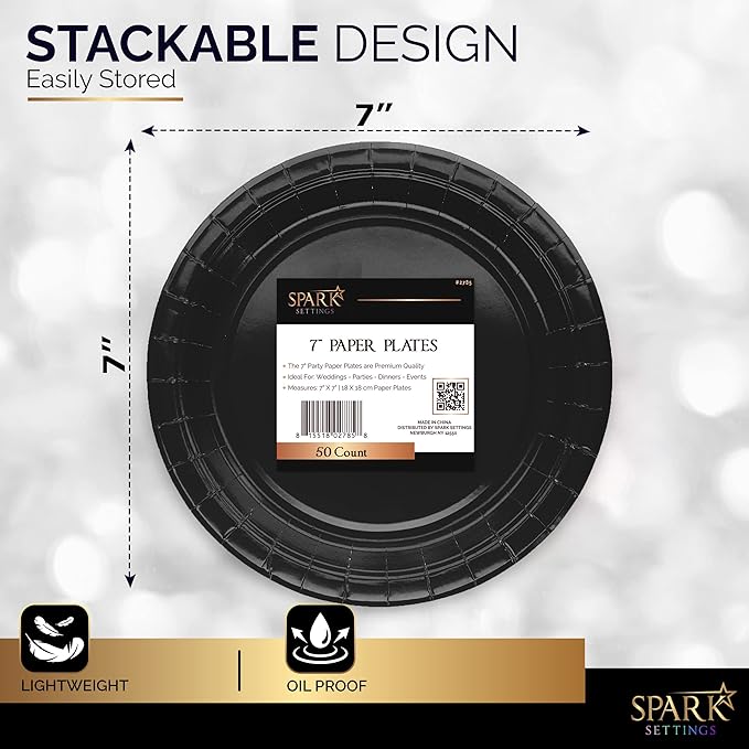 Disposable Paper Plates Black, 7 Inch Paper Dessert Plates, Strong and Sturdy Disposable Plate for Party, Dinner, Holiday, Picnic, or Travel Party Plate, Pack of 50