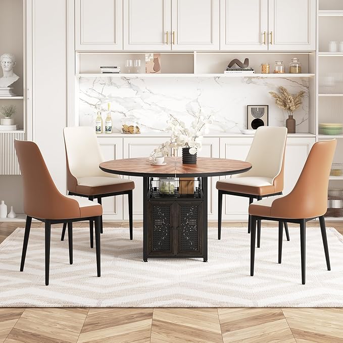 VFK 47" Round Dining Table Set for 4-6 People, Solid Wood & Metal Table with Storage Shelf, Walnut Kitchen & Dining Room Furniture (Cat Table)