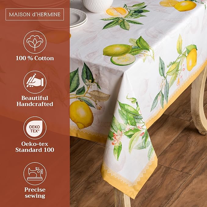 Maison d' Hermine Table Cloth Square Table 100% Cotton 60 x 60 Inches Tablecloth Reusable Decorative for Dining Room Farmhouse Home Valentines Day Decorations Spring Summer - Limoncello