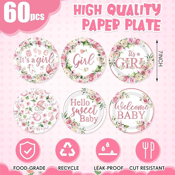 60 Pcs 7 Inch Baby Shower Paper Plates Girl Pink Floral Baby Shower Plates Decorations Sweet Tableware It's a Girl Party Supplies Favors for Gender Reveal Theme Party