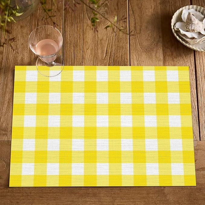 Artoid Mode Buffalo Plaid Vinyl Placemats Set of 4, 12x18 Inch Washable Non-Slip Heat Resistant Plastic Place Mats for Party Dining Table, Yellow/White