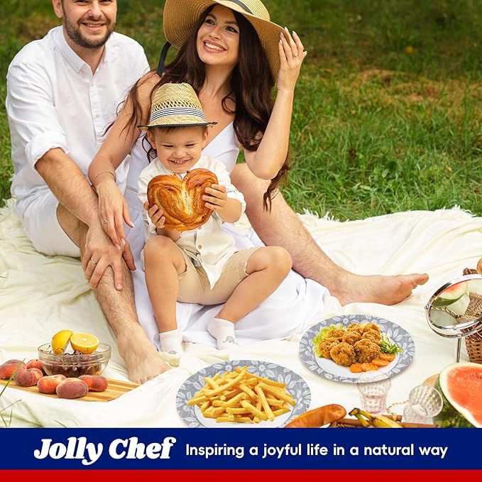 JOLLY CHEF 10 inch 140 Pack Disposable Paper Plates,Soak Proof, Cut Proof, Heavy Duty Printed Paper Plates for Everyday Use