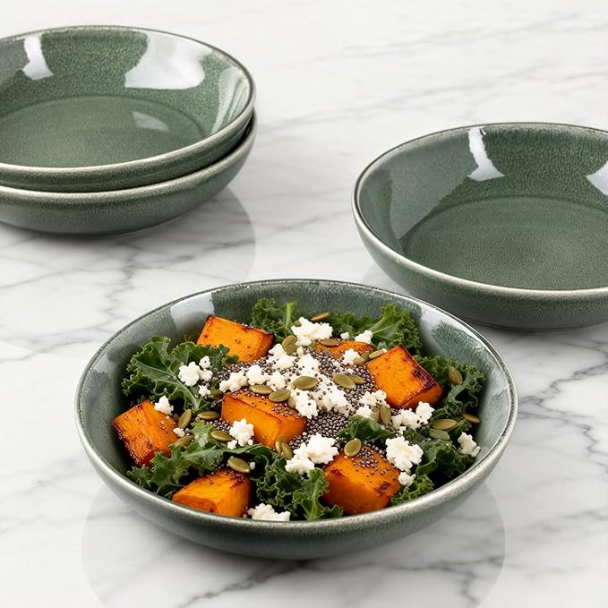 AmorArc 8.5'' Large Ceramic Pasta Bowls Set, 36oz Stoneware Bowls Set of 6 for Kitchen, Reavtive Glaze Bowls-Microwave,Dishwasher Safe-for Pasta,Salad,Oatmeal-Jade Green