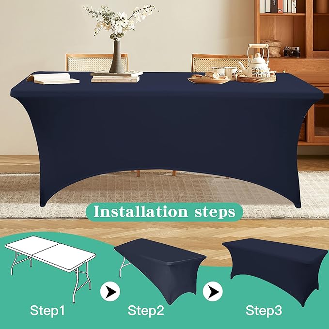 2Pack 4FT Table Cloth for Rectangular Fitted Events Stretch Navy Blue Table Covers Washable Spandex Tablecloth Protector for Party, Wedding, Cocktail, Banquet, Festival