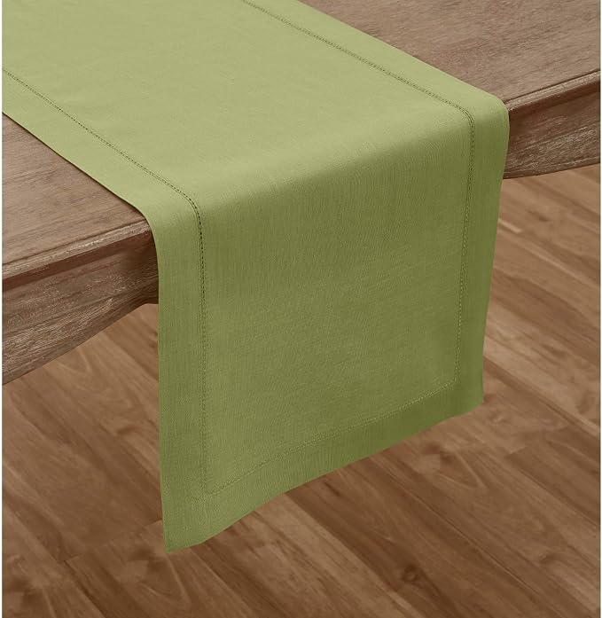 Solino Home 100% Linen Table Runner Green, Classic Hemstitch 14 x 156 in | - Image 2