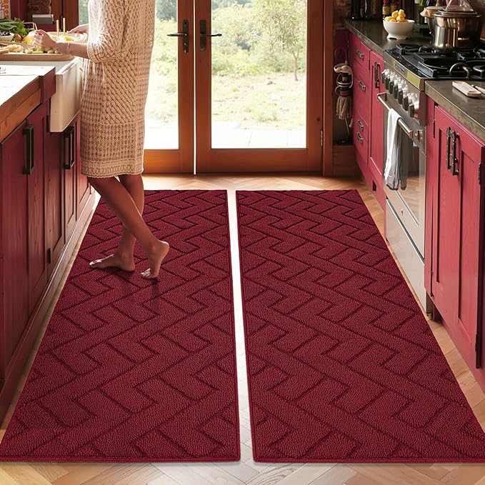 hicorfe Kitchen Rugs and Mats Sets,Non-Slip 2 Pieces Absorbent 100% Polypropylene Rug,Comfort Kitchen Runner Mat,Washable for Kitchen,Sink,Laundry(20" x 48"+20" x 48",Red)