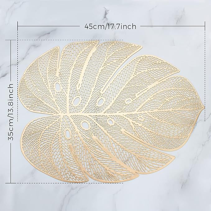 Evevda Gold Leaf Shaped Vinyl Placemats for Dinner Table Set of 4 Metallic Plastic Gold Place Mats Wipeable 6Pcs Table Mats for Wedding Annersary Dinner Table Decoration Mats