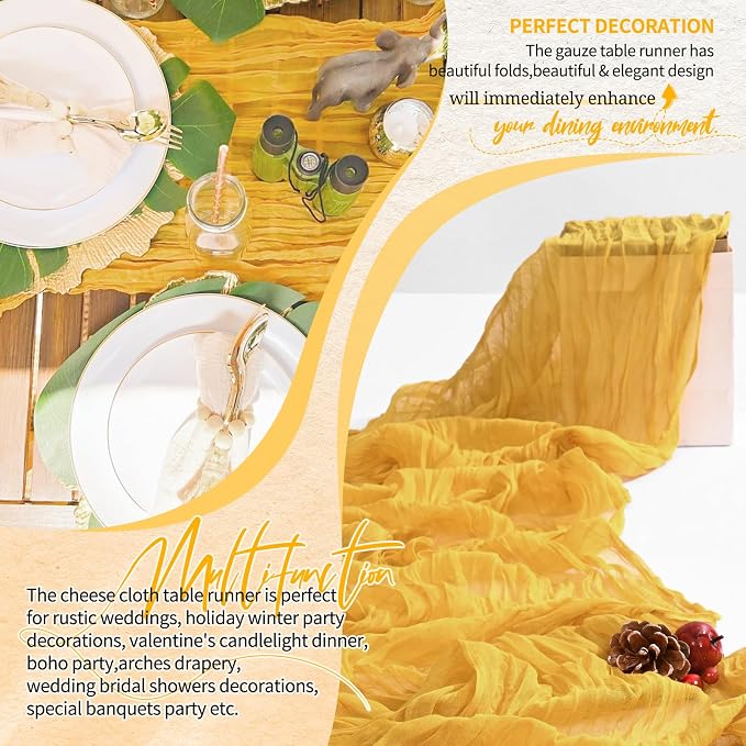 Showgeous 2 Pack Gold Cheesecloth Table Runners Boho Wedding Decor | Rustic - Image 6