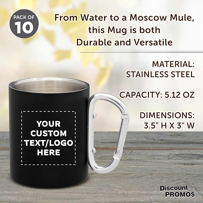 Custom Stainless Steel Mugs with Carabiner Handle 10 oz. Set of 10, Personalized Bulk Pack - Perfect for Coffee, Soda, Other Hot & Cold Beverages - Black