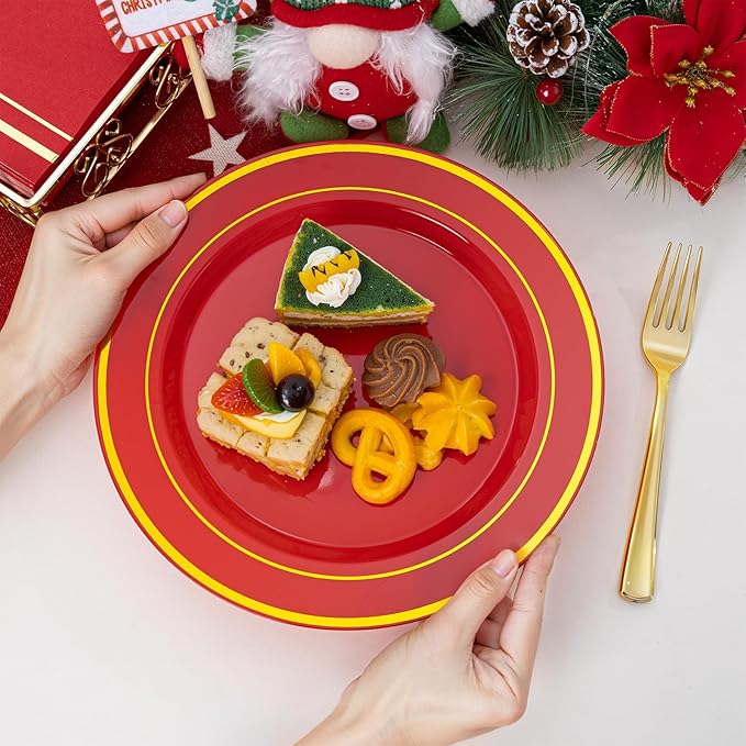 NOCCUR 200PCS Red Plastic Plates for 100 Guests - Include 100PCS 10" Dinner/ 100PCS 7" Dessert Plastic Plates Heavy Duty - Ideal for Wedding/Party/Valentines Day