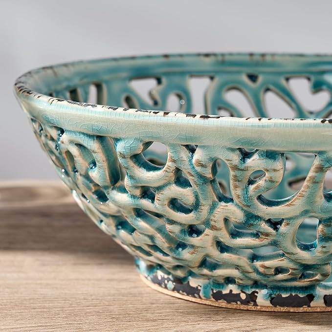 SIDUCAL Ceramic Fruit Bowl for Kitchen Counter,Decorative Fruit Basket with Holes, 10.43" Large Hollow Out Fruit Vegetable Holder Bowl for Table Decor, Blue