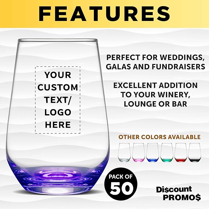 DISCOUNT PROMOS 50 Vaso Silicia Stemless Wine Glasses Set, 16 oz. - Personalized Text, Logo - Clear, Orb-Like, Thick base - Purple