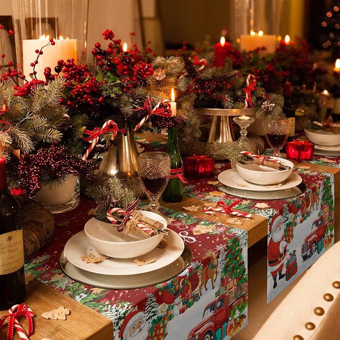 Merry Christmas Table Runner 48 Inches Long, Santa Xmas Tree Snowflake Table - Image 6