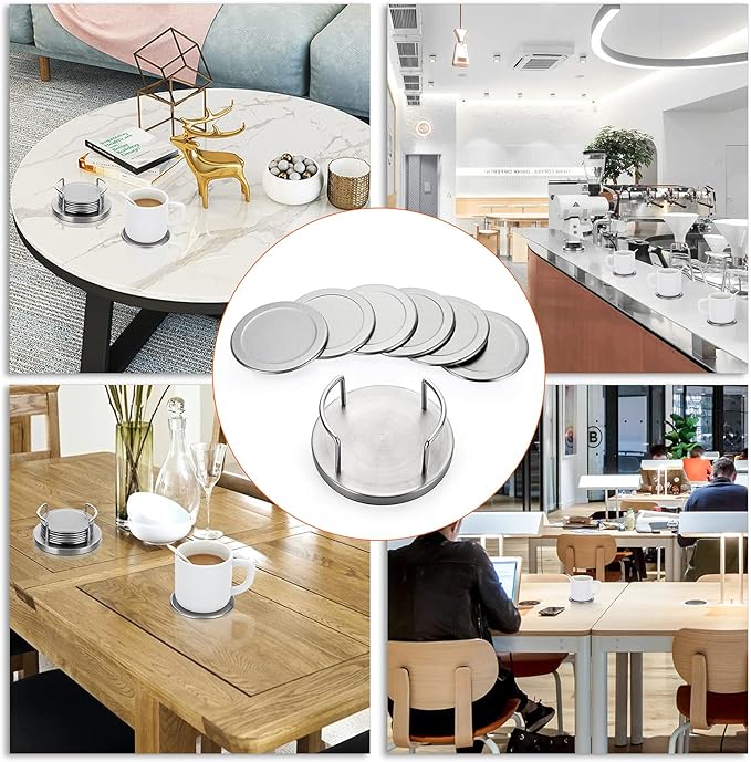JUXYES Set of 6 Stainless Steel Round Coasters with Holder & Sponge Bottom, Silver Metal Cup Coasters Set Stunning Cool Coaster Cups Mats Decor for Restaurant Kitchen bar Dining Table