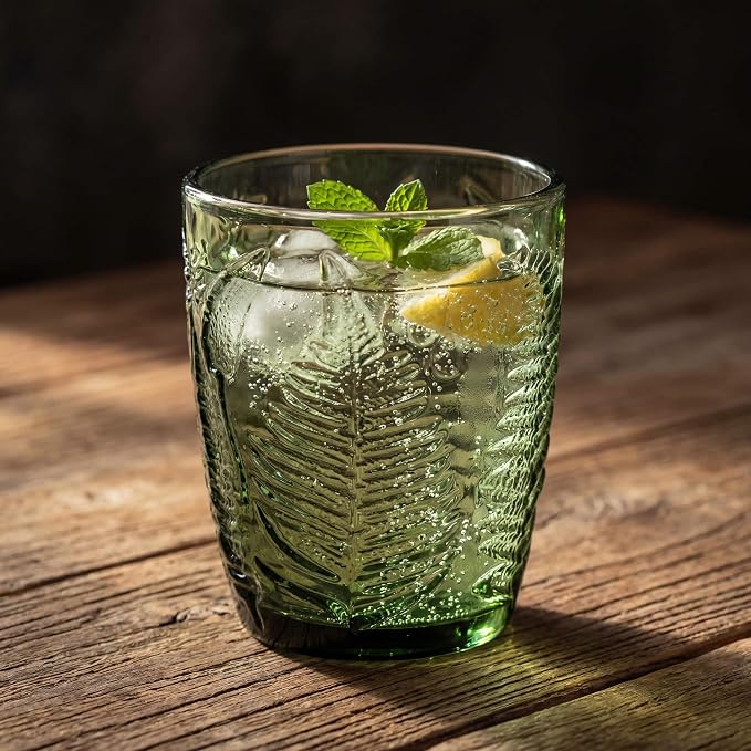 Vintage Green Drinking Glass, 10 oz Hand-Pressed Deep Textured Glass Cup - Image 3