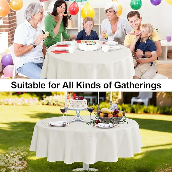 JIUZHEN Round Table Cloth Faux Linen Farmhouse Tablecloth Wrinkle & Stain Resistant Table Cover for Kitchen Dining, Holiday Party Dinner, White, 120 Inch Round