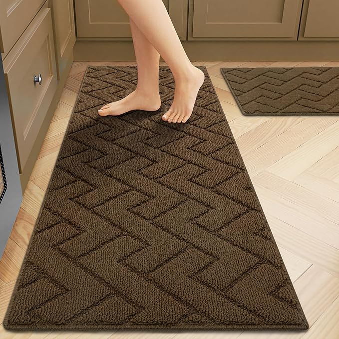 hicorfe Kitchen Rugs and Mats Sets,2 Pieces Polypropylene Non-Slip Super Absorbent Rug,Soft Comfort Floor Mat,Machine Wash for Kitchen,Hallway,Office,Sink,Laundry(20" x 32"+20" x 59",Dark Brown