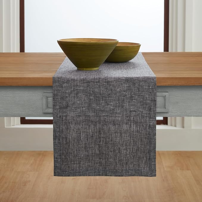 Solino Home 100% Pure Linen Table Runner Black Long, Athena 14 x 144 in | Table - Image 2