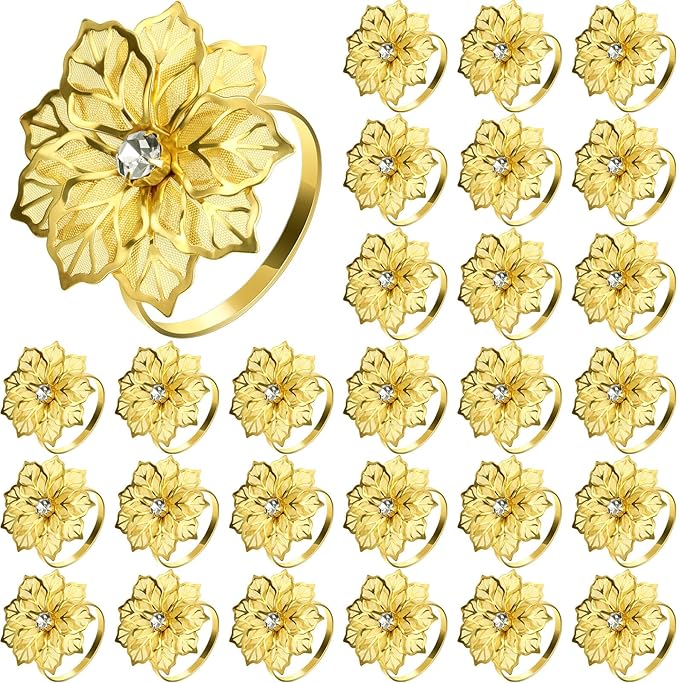Hotop 24 Pcs Gold Napkin Rings Flower Napkin Holders Buckles Hollow Out Rhinestone Christmas Delicate Serviette Buckles for Thanksgiving Party Gathering Dinner Wedding Banquet Holiday Table Decor