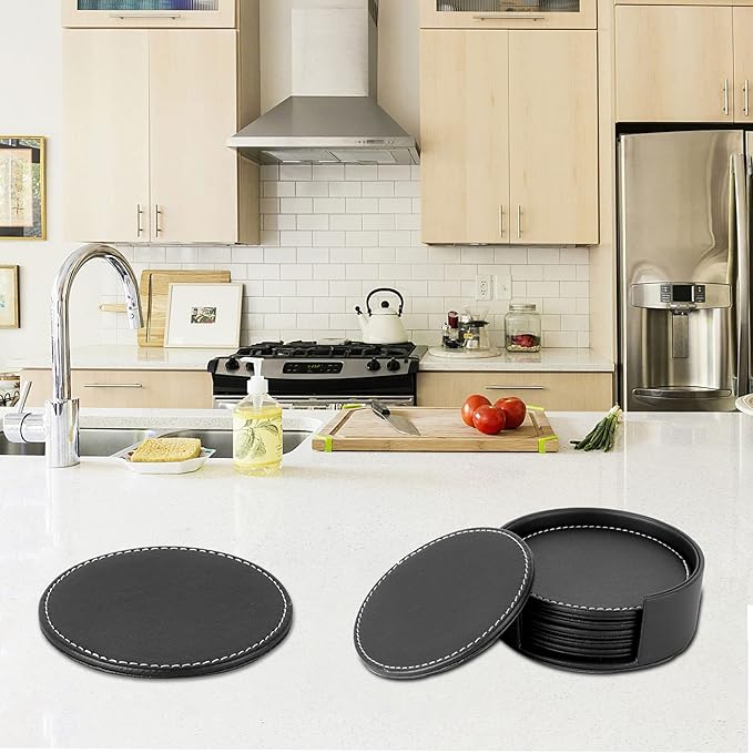 Leather Coasters for Drinks(6 Pack), Handmade Durable Drink Coasters Set with Holder for Tabletop Protection, Luxurious Home Décor and Housewarming Gift (Black)