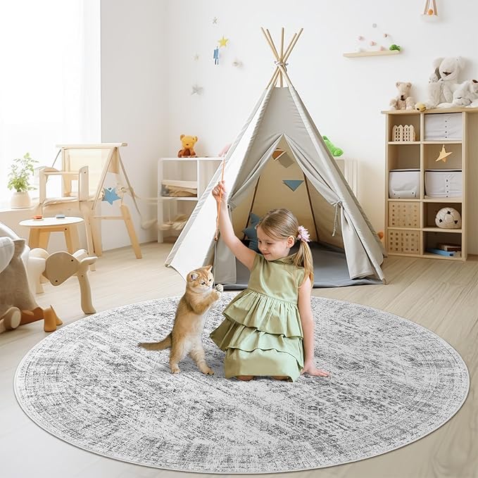 9x9 Grey Round Rug 9ft Living Room Circle Rug Vintage Round Area Rug Non Slip Indoor Carpet for Apartment
