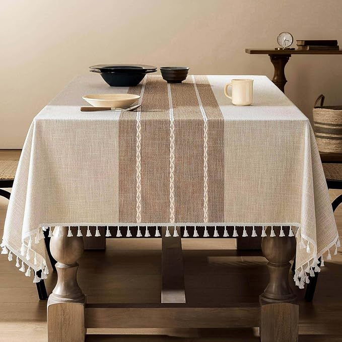 ZeeMart Contrast Linen Table Cloth Rectangle Table Cloths 60x104 Inch Brown, Farmhouse Style Heavy Weight Beige Tablecloth, Water Resistant Burlap Tablecloths