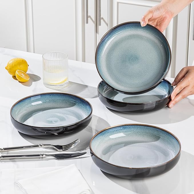 LERATIO 8.5'' Large Ceramic Pasta Bowls, 36oz Pasta Serving Bowls Set of 4 for Kitchen, Wide Bowls for Fruit,Pasta,Salad,Oatmeal,Meal, Microwave Safe, Reactive Glaze-Gray White