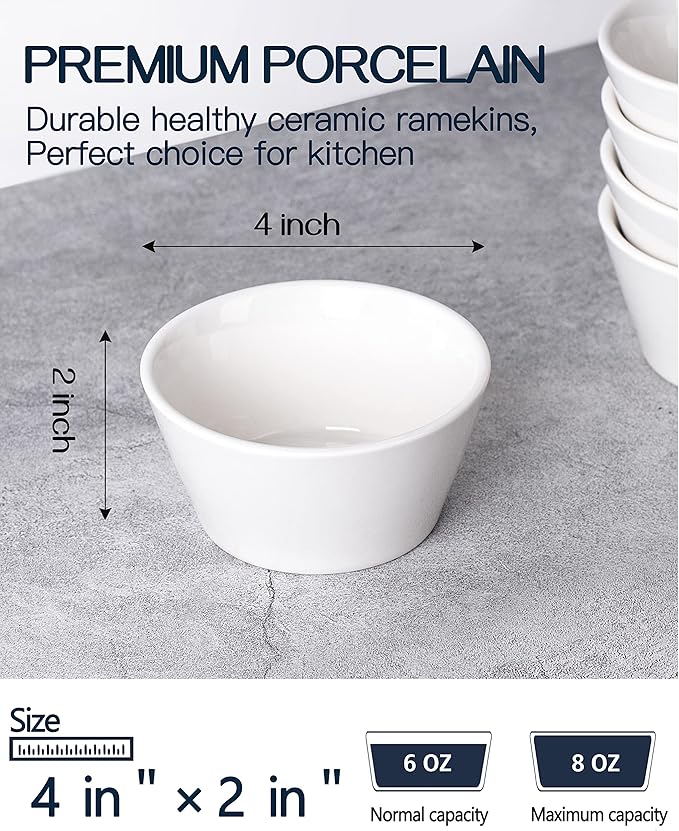 Porcelain Small Bowls, 8 Ounce Dessert Bowls, Ramekins Oven Safe, Ice Cream Bowls, Bouillon Cups, Set of 6