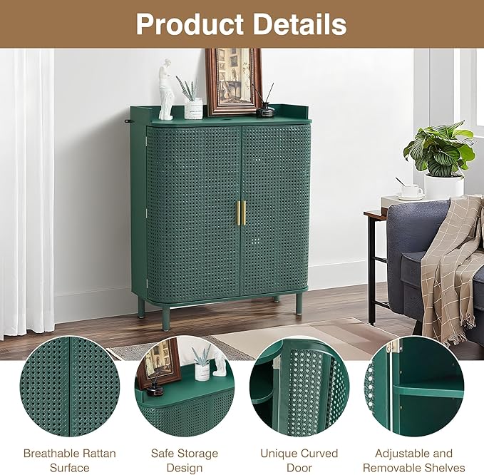 ORRD Shoe Cabinet, 5 Tier Boho Wooden Shoe Storage Organizer Cabinet with Adjustable Shelves, Shoes Rack with Iron Rattan Curved Doors Accent Cabinet for Entryway Hallway Living Room, Green