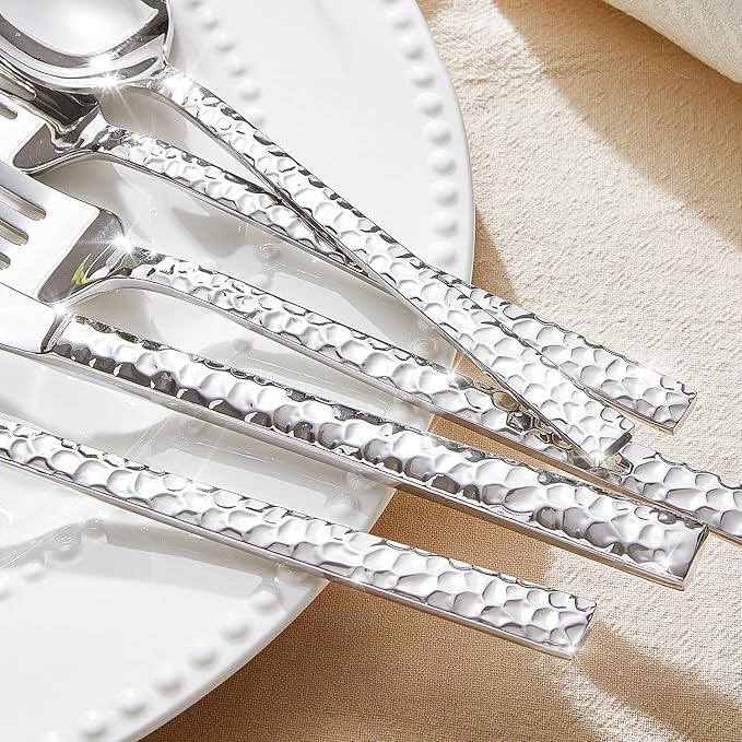 20 Piece Hammered Silverware Set, 18/10 Stainless Steel Flatware Set - Image 3