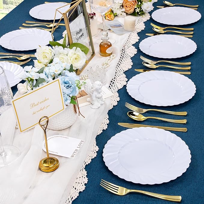 U-QE 60 Pieces White Plastic Plates - 9 Inch White Disposable Plates - Washable & Reusable - Premium Hard Plates - Party Supplies for Birthdays, Celebrations, Travel, Wedding, Party and Events