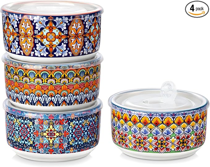 vancasso 36 oz Ceramic Bowls with Lids Set of 4, 6 Inch Food Storage Containers & Prep Bowls for Leftovers, Soup, Cereal, Meal Prep, Office Lunch, Microwave & Dishwasher Safe, Series SIMI