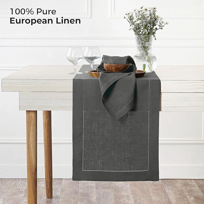 D'Moksha Homes Linen Charcoal Grey Table Runner 108 Inches Long - 100% Pure Linen 14 x 108 Inch Table Runner for Spring, Easter - Classic Hemstitch