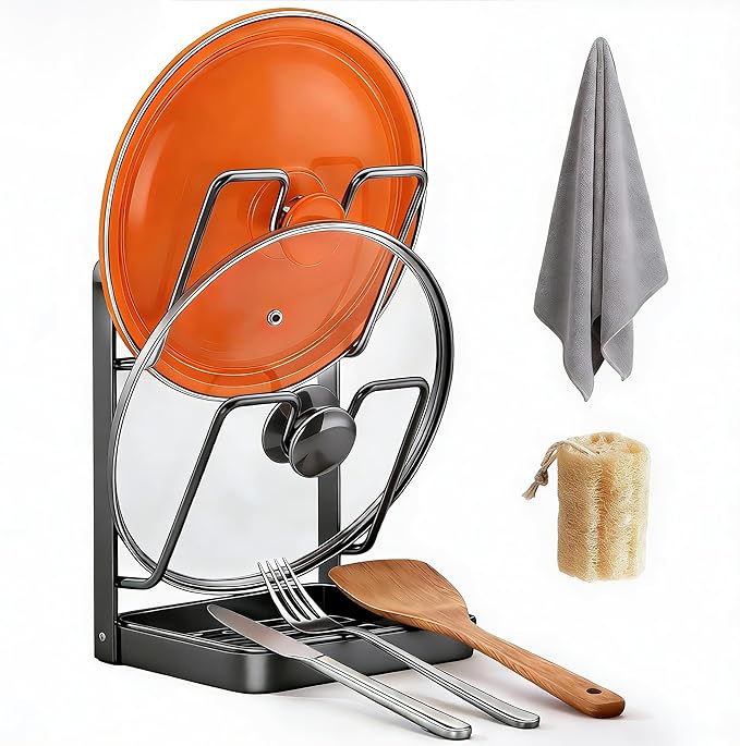 Kitchen Pot Lid Storage Rack, Stainless Steel Lid Holder with Removable Drip Tray, Double-Layer Countertop Organizer