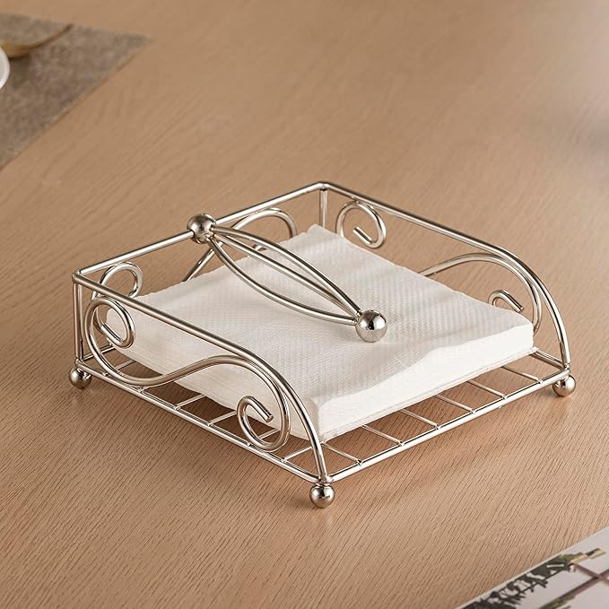 Napkin Holders for Table Metal Napkin Holder for Kitchen with Weight Arm Flat Napkin Dispenser Stainless Steel Lavish Home Hotel Decorative Holder Silver Chrome(7" L X 7" W X 2.5" H)