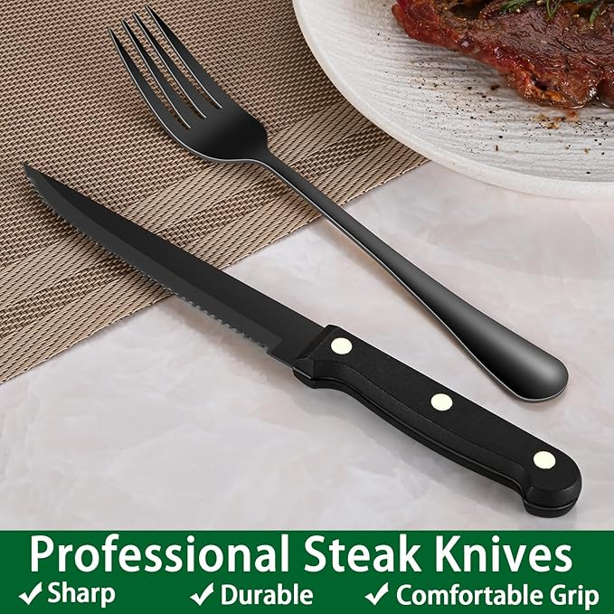 Black 49 Pieces Stainless Steel Flatware Sets With Organizer,Black Silverware Sets With Steak Knives Service For 8,Black Tableware Cutlery Sets For Home Kitchen
