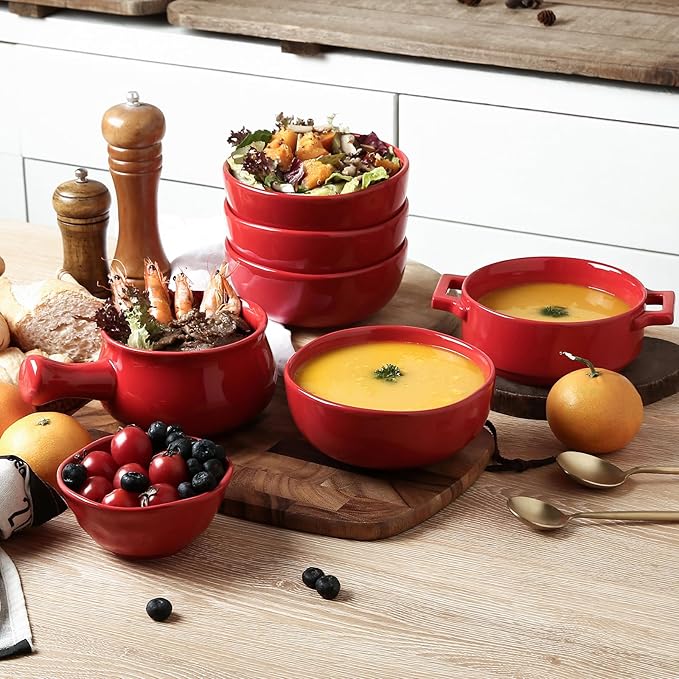 vicrays Ceramic Cereal Bowls Set - Porcelain 26 Ounce Soup Salad Bowls Set - Rice Dessert Cream Bowls Set - Chip Resistant Dishwasher Microwave Safe - Set of 6 (Red)
