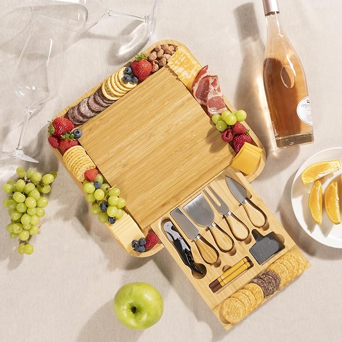 Personalized Bamboo Cheese Board Gift Set – Custom Engraved Charcuterie Board with Cheese Knives, Romantic Valentine’s Day Gift for Couples