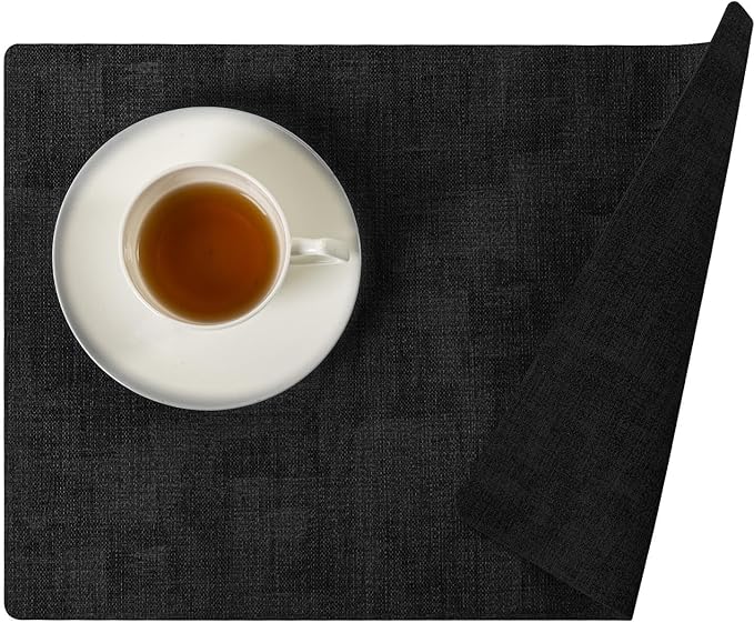 Romanstile Vinyl Placemats Set of 6-12 x 17 Inch - Heat Resistant Place Mats 100% Waterproof Oilproof Wipeable Reversible Faux Leather Table Mats for Kitchen/Dining/Party/Holiday, Black