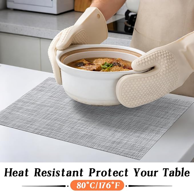 Timeet Placemats Set of 4, Heat Resistant Non-Slip Place Mats for Dining Table, Durable Washable PVC Vinyl Woven Table Mats, Linen Textured Placemats for Kitchen Resistant Easy to Clean(Gray