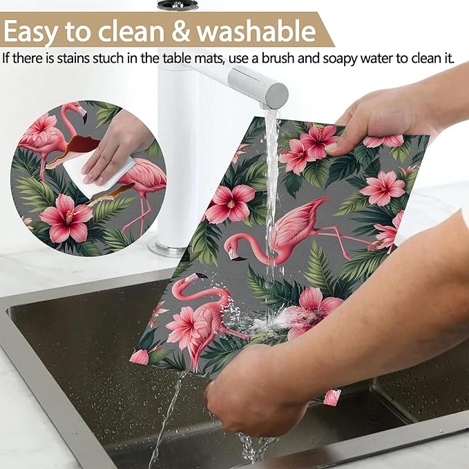 Pink Flamingo Placemats Set of 6, Tropical Palm Leaves Waterproof Linen Fabric, Non-Slip Backing & Easy Clean, Elegant Dining Table Placemats for Family and Guests
