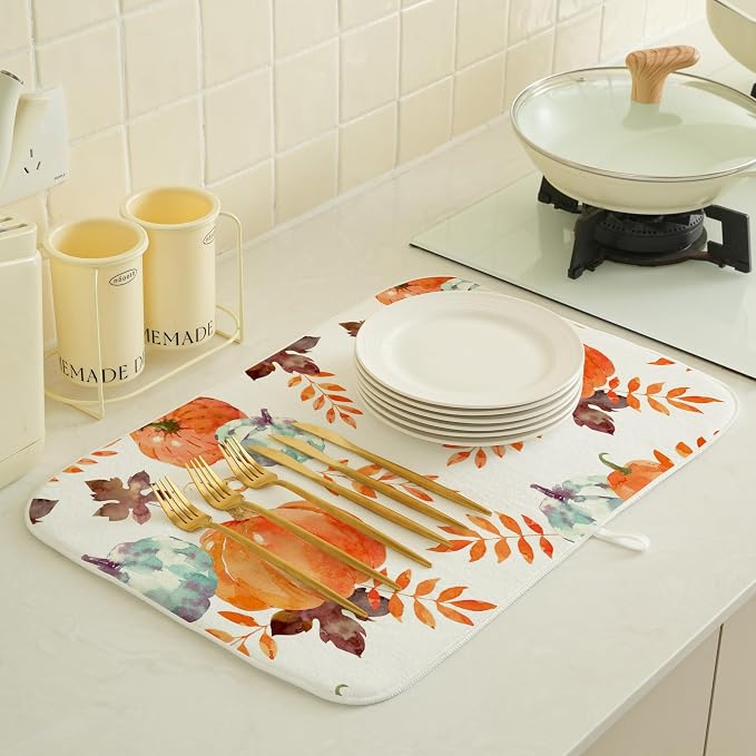 Fall Pumpkin Dish Drying Mat for Kitchen Counter 18x24 Inch Blue Orange Pumpkin - Image 2