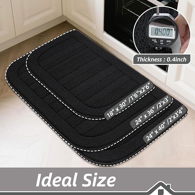 BEQHAUSE 24x40 Inch Kitchen Rug Mat Durable Kitchen Rugs Non-Slip Washable Absorbent Kitchen Mats for Floor Dirt-Resistant Semicircular Kitchen Mat (Black)