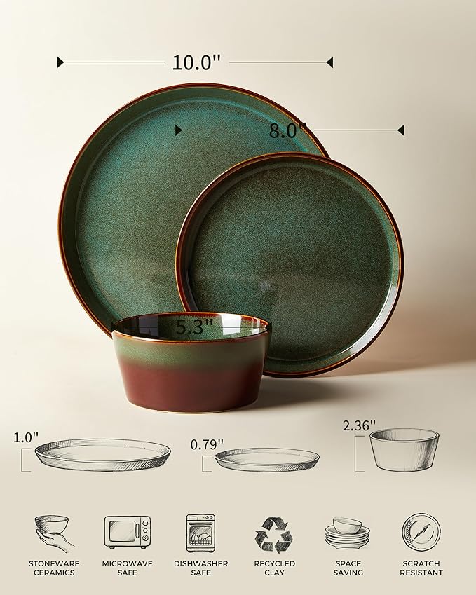 Plates and Bowls Sets for 8, Ceramic Dinnerware Sets, Kitchen Dish Set, Microwave & Dishwasher Safe Dishware, Highly Durable Handcrafted Dinner Set, Brown Green
