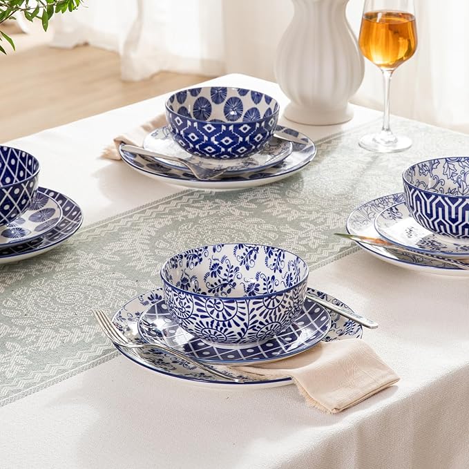 Sweejar 24 Pieces Ceramic Dinnerware Sets, Handmade Plates and Bowls Sets, Highly Scratch Resistant Dishes Set for Kitchen,Porcelain Dishwasher & Microwave Safe Dishes Set,Service for 8 (Vintage Blue)