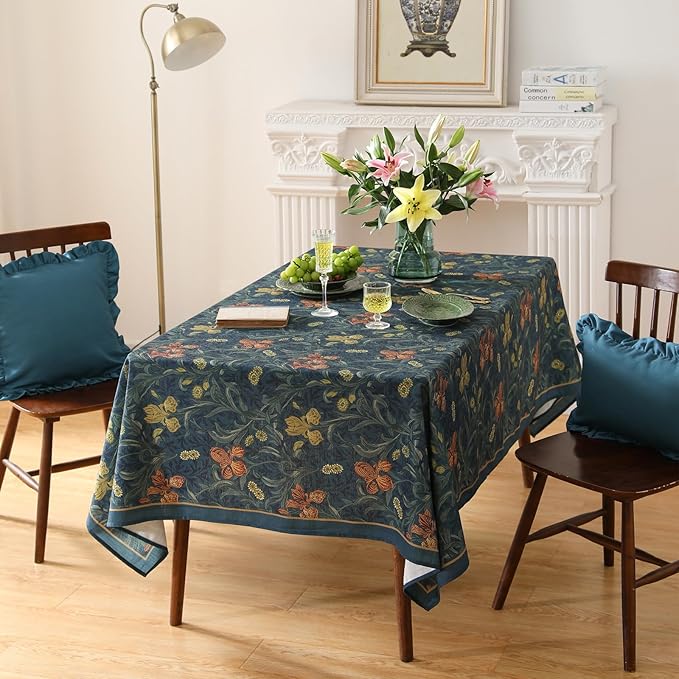 patdrea Designer Dark Blue Linen Square Tablecloth,Vintage French Rustic Floral Pattern Tablecloths,Decorative Table Cover Cloth for Kitchen,Dining,Tea Party,Home,Christmas,67"*67"