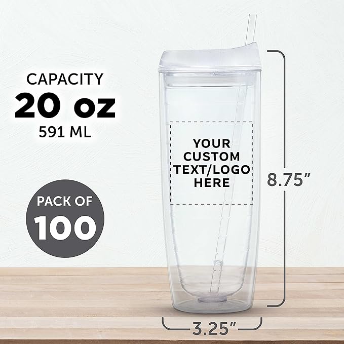 Custom Tall Orbit Acrylic Tumblers 20 oz. Set of 100, Personalized Bulk Pack - Perfect for Iced Coffee, Soda, Other Hot & Cold Beverages - Clear