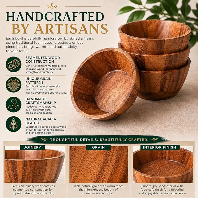 Acacia Wood Round Serving Bowls Set of 4 V Shape Handmade 4.33 Inch Medium Size - Image 4