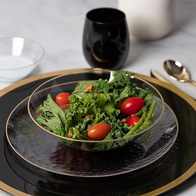 [16 OZ 40 Count] Clear Plastic Organic Design Party Soup bowls With Gold Rim Premium heavyweight Elegant Disposable Tableware Dishes